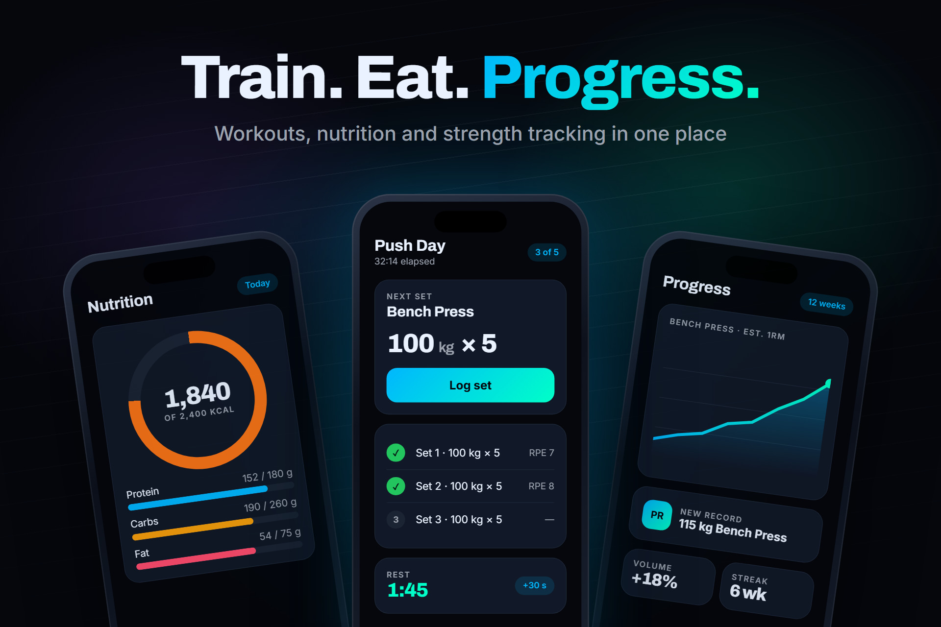 Gainzbook app screens showing a workout in progress, daily nutrition and strength progress