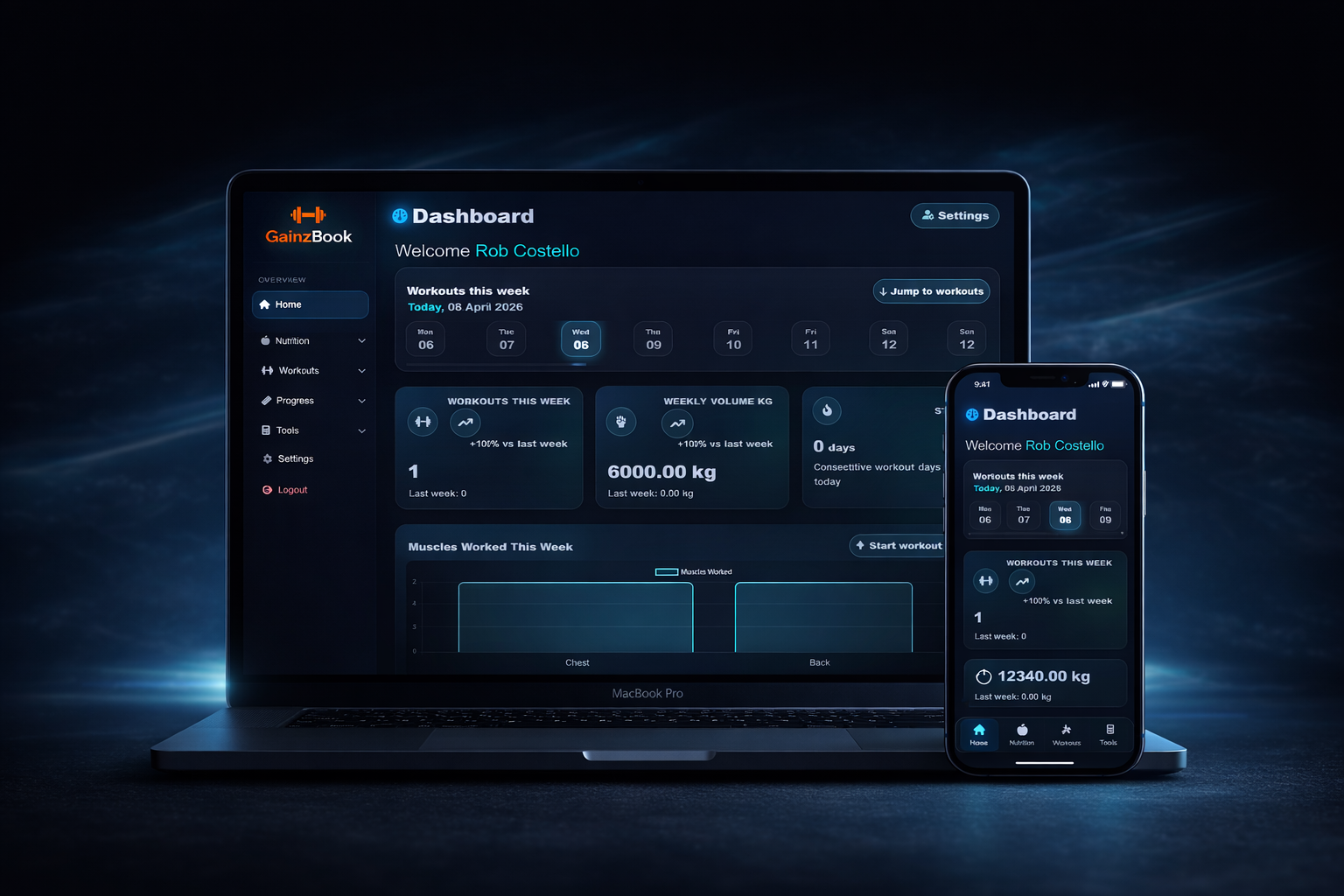 Gainzbook app preview on laptop and phone
