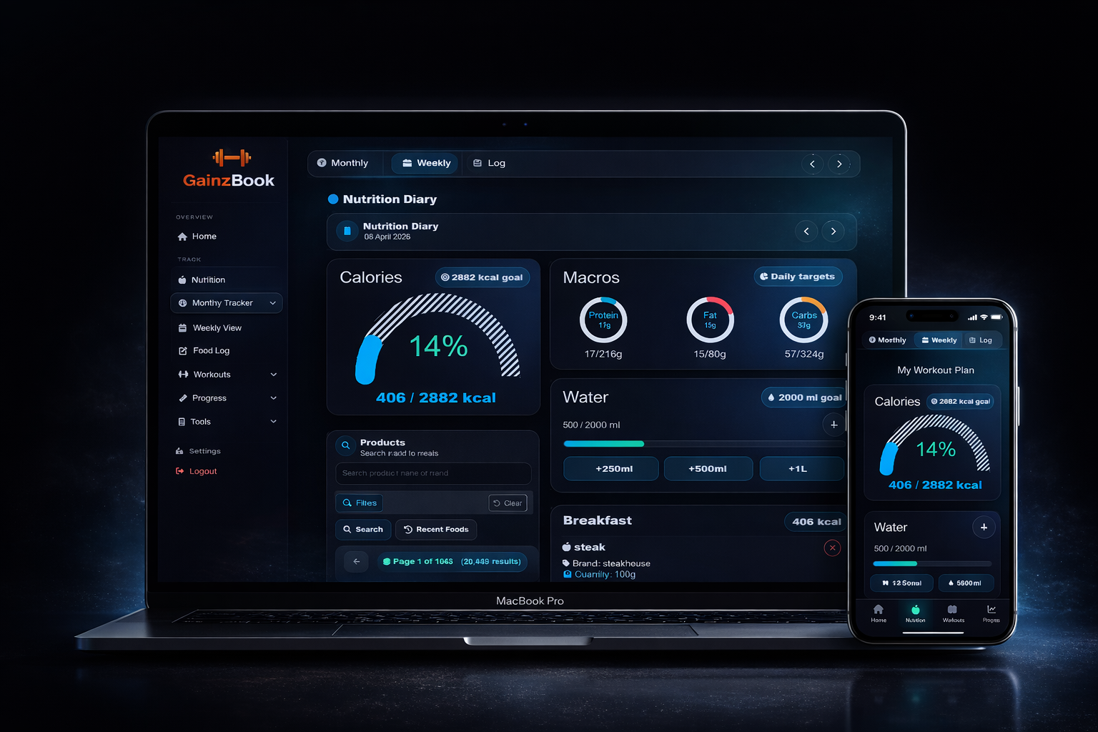 Gainzbook nutrition tracking preview on laptop and phone