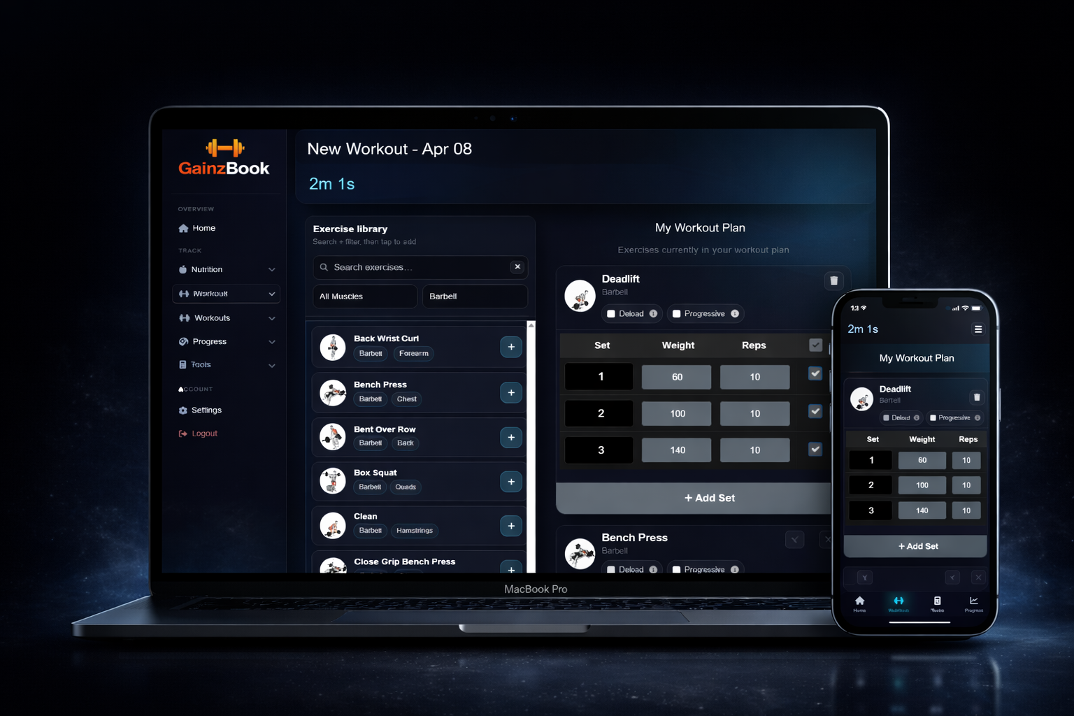 Gainzbook workout planner preview on laptop and phone